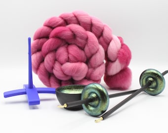 Ultimate Beginner Blue & Emerald Dragon Drop Spindle Kit - Midi Size Pink - Top Bottom Supported Turkish - Learn To Spin Kit