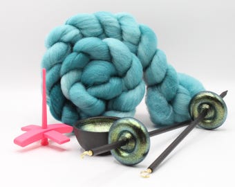 Ultimate Beginner Pink & Emerald Dragon Drop Spindle Kit - Midi Size Teal - Top Bottom Supported Turkish - Learn To Spin Kit
