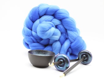 Complete Beginner/Learn To Spin Mermaid Drop Spindle Spinning Kit - Mini Size Blue- Top Whorl, Bottom Whorl, Supported, and Roving