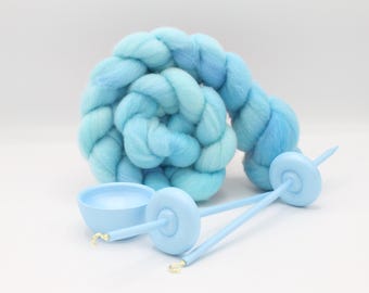 Complete Beginner Pastel Blue Drop Spindle Spinning Kit - Midi Size - Top Whorl, Bottom Whorl, Supported, and Roving