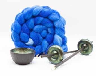 Complete Beginner Emerald Dragon Drop Spindle Spinning Kit - Midi Size Blue- Top Whorl, Bottom Whorl, Supported, and Roving