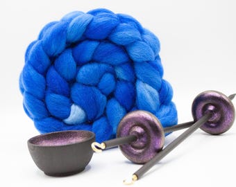 Complete Beginner Sunset Drop Spindle Spinning Kit - Midi Size Blue- Top Whorl, Bottom Whorl, Supported, and Roving