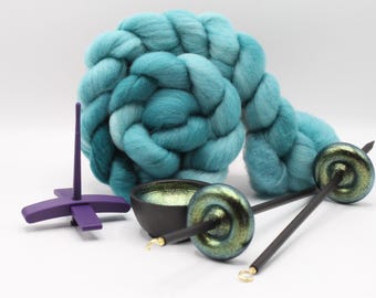 Ultimate Beginner Purple & Emerald Dragon Drop Spindle Kit - Midi Size Teal - Top Bottom Supported Turkish - Learn To Spin Kit