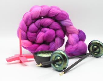 Ultimate Beginner Pink & Emerald Dragon Drop Spindle Kit - Midi Size Berry Crush - Top Bottom Supported Turkish - Learn To Spin Kit