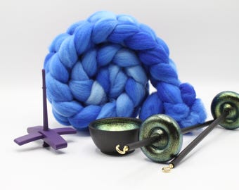 Ultimate Beginner Purple & Emerald Dragon Drop Spindle Kit - Midi Size Blue - Top Bottom Supported Turkish - Learn To Spin Kit