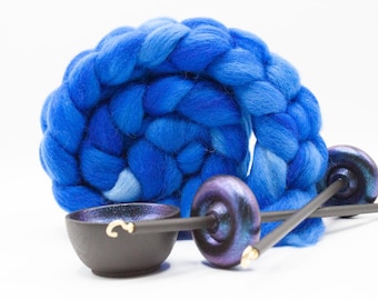 Complete Beginner Electric Night Drop Spindle Spinning Kit - Midi Size Blue- Top Whorl, Bottom Whorl, Supported, and Roving