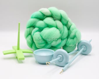 Ultimate Beginner Pastel Green Drop Spindle Kit - Midi Size - Top Bottom Supported Turkish - Learn To Spin Kit