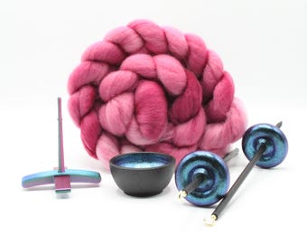 Ultimate Beginner Mermaid Drop Spindle Kit - Midi Size Pink- Top Bottom Supported Turkish - Learn To Spin Kit