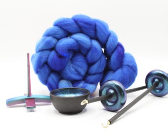 Ultimate Beginner Mermaid Drop Spindle Kit - Midi Size Blue - Top Bottom Supported Turkish - Learn To Spin Kit