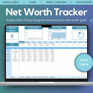 Può includere: Uno schermo di un laptop che mostra un foglio di calcolo "Net Worth Tracker" in un tema scuro. Il foglio di calcolo mostra dati finanziari con grafici. Il testo "Net Worth Tracker" e "Keep track of your progress towards your net worth goal" sono visibili.