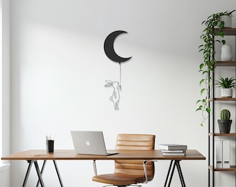 Mond Hase Metall Wandkunst, Kaninchen erreicht Mond Wanddekor, Kinderzimmer Metallschild, wunderliche Kinderzimmer Kunst, minimalistischer Häschen Wandakzent