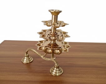 Brass 3-Step Harathi Lamp – 27 Deepa Traditional Ritual Stand