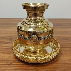 Brass Kalash Pooja Pot, Traditional Home Decor, German Silver Tray