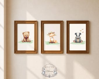Woodland Nursery Wall Art Set, Whimsical Animal Prints, Baby Room Decor, Set of 3
