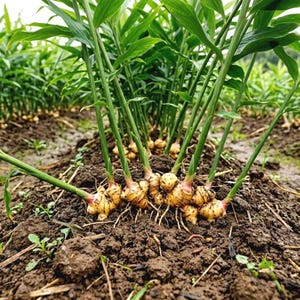 Könnte beinhalten: Nahaufnahme von Ingwerpflanzen, die auf einem Feld wachsen. Das Bild zeigt die Ingwer-Rhizome, die aus dem Boden kommen, mit grünen Stängeln und Blättern. Der Boden ist dunkelbraun und feucht, mit einigen kleinen Pflanzen.