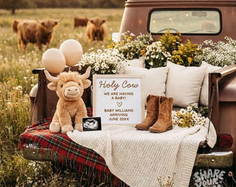 Editable Holy Cow Pregnancy Announcement, Western Baby Reveal (Digital Download)