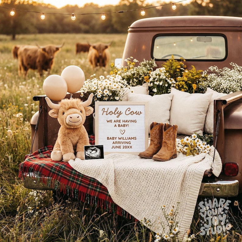 May include: A rustic scene with a brown pickup truck bed filled with flowers, pillows, and cowboy boots. A sign reads "Holy Cow, We Are Having a Baby!" with the baby's last name and due date. A plush Highland cow and balloons are also present.