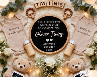 Twin Pregnancy Announcement, Gender Neutral Boho Rustic Baby Reveal (Digital Download)