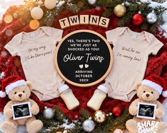 Twin Pregnancy Announcement, Christmas Winter Gender Neutral Siblings Boho Rustic Baby Reveal (Digital Download)