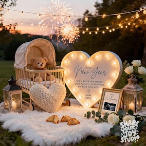 May include: A heart-shaped illuminated sign with the text "This New Year" and a baby announcement. A small wooden baby carriage with a teddy bear, a crocheted heart, and a framed sonogram are also present. The scene is set outdoors with fireworks.