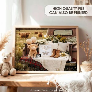 May include: A framed print with a rustic theme. The image features a truck bed filled with flowers, pillows, and a plush cow. Text on the sign reads "Holy Cow, We are having a baby!" and includes the baby's name and due date. A pair of cowboy boots is also visible.