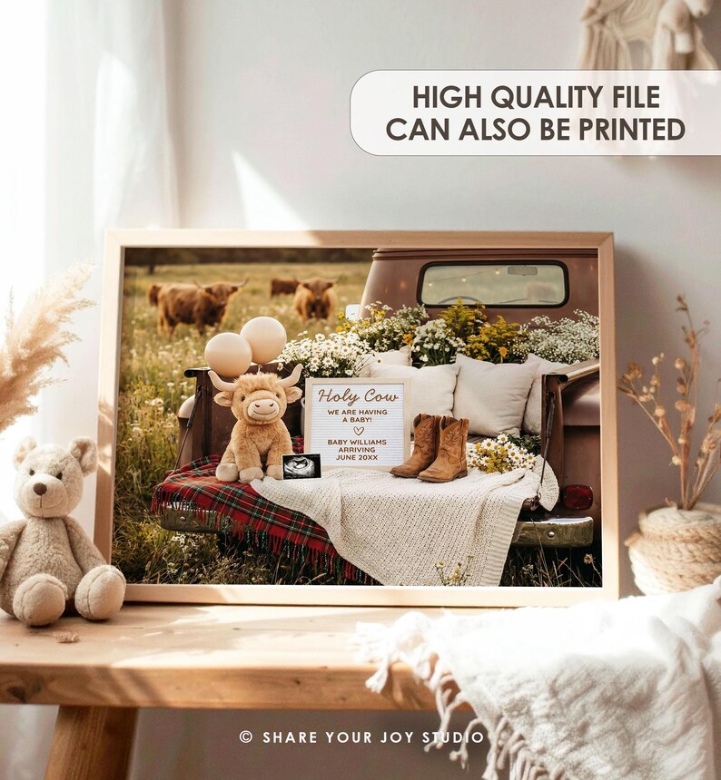 May include: A framed print with a rustic theme. The image features a truck bed filled with flowers, pillows, and a plush cow. Text on the sign reads "Holy Cow, We are having a baby!" and includes the baby's name and due date. A pair of cowboy boots is also visible.