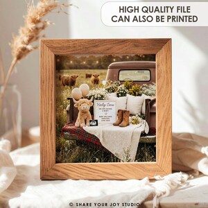 May include: A framed print featuring a brown pickup truck bed filled with flowers, pillows, and a plush cow toy. The bed also holds a sign that reads "Holy Cow, We Are Having a Baby." Two balloons and a pair of brown boots are also visible.