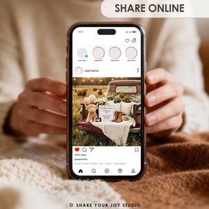 May include: A smartphone displays an Instagram post with a rustic theme. The post features a vintage truck bed decorated with pillows, flowers, and a stuffed animal. The text "Holy Cow" is visible, along with the words "SHARE ONLINE" at the top.