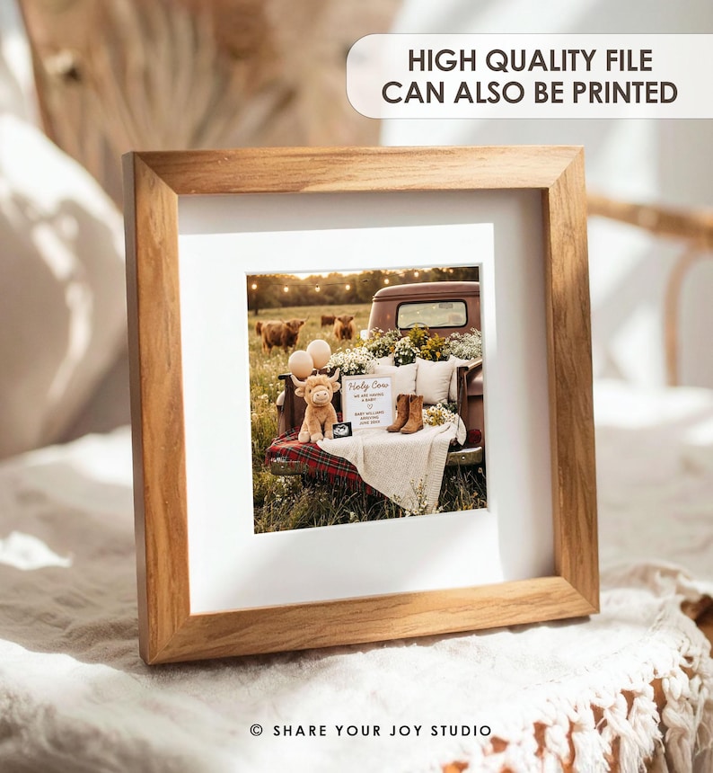 May include: A framed print with a rustic theme. The print features a vintage truck bed filled with flowers, balloons, and a stuffed cow. Text on the print reads "Holy Cow!" and "Baby Williams is due". The frame is made of light-colored wood.
