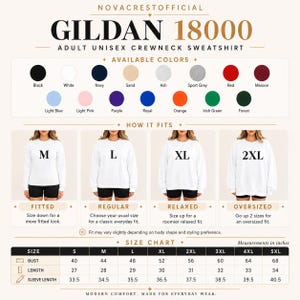 May include: A Gildan 18000 adult unisex crewneck sweatshirt size and color guide. The chart displays sixteen color swatches, four fit examples labeled M, L, XL, and 2XL, and a detailed size chart with bust, length, and sleeve measurements in inches.