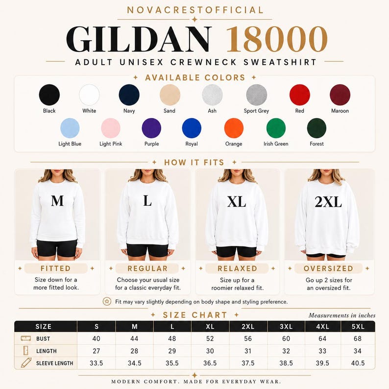 May include: A Gildan 18000 adult unisex crewneck sweatshirt size and color guide. The chart displays sixteen color swatches, four fit examples labeled M, L, XL, and 2XL, and a detailed size chart with bust, length, and sleeve measurements in inches.