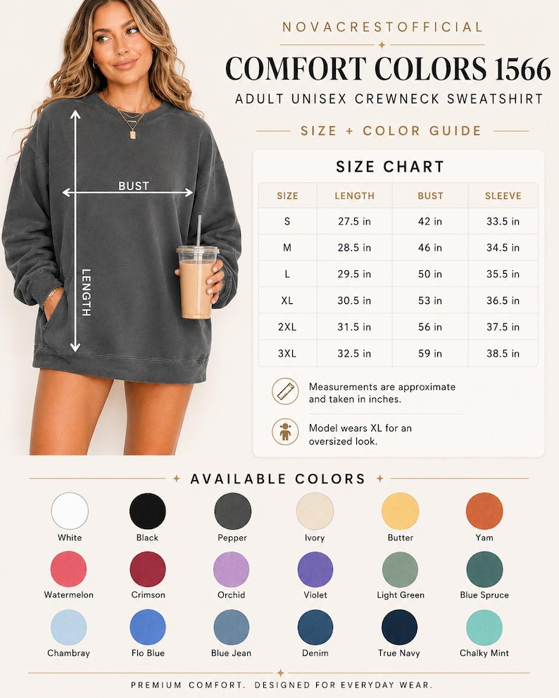 May include: A dark gray crewneck sweatshirt with long sleeves and a size chart displaying measurements in inches for sizes S through 3XL. The image includes a color guide with twenty-four circular swatches labeled with names like White, Black, Pepper, and Blue Spruce.