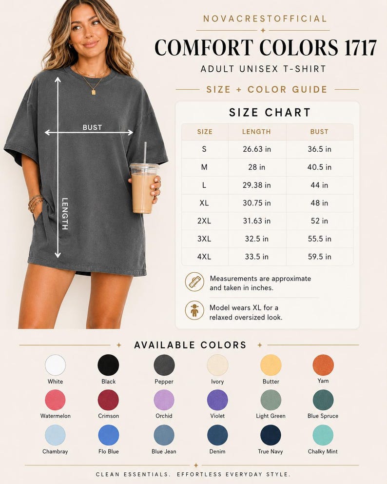 May include: A charcoal grey Comfort Colors 1717 adult unisex t-shirt with a size chart displaying length and bust measurements in inches from 26.63 to 33.5 inches and 36.5 to 59.5 inches. Includes a color palette with twenty-one available shirt colors.