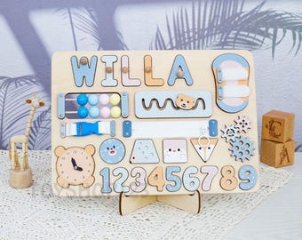 Planche occupée en bois Montessori, casse-tête de nom personnalisé avec animaux, cadeau de Noël pour bébé, cadeau de premier anniversaire