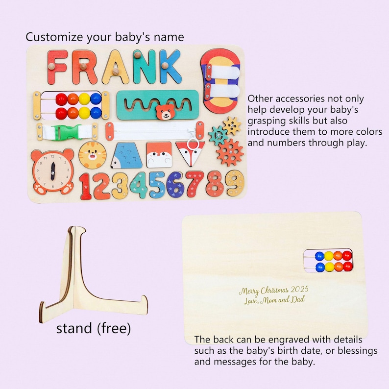 K&ouml;nnte beinhalten: Holz-Lernspielzeug mit dem Namen "FRANK" in bunten Buchstaben, Zahlen, Formen und interaktiven Elementen. Der Text "Customize your baby's name" steht oben. Die R&uuml;ckseite kann graviert werden. Inklusive Holzst&auml;nder.