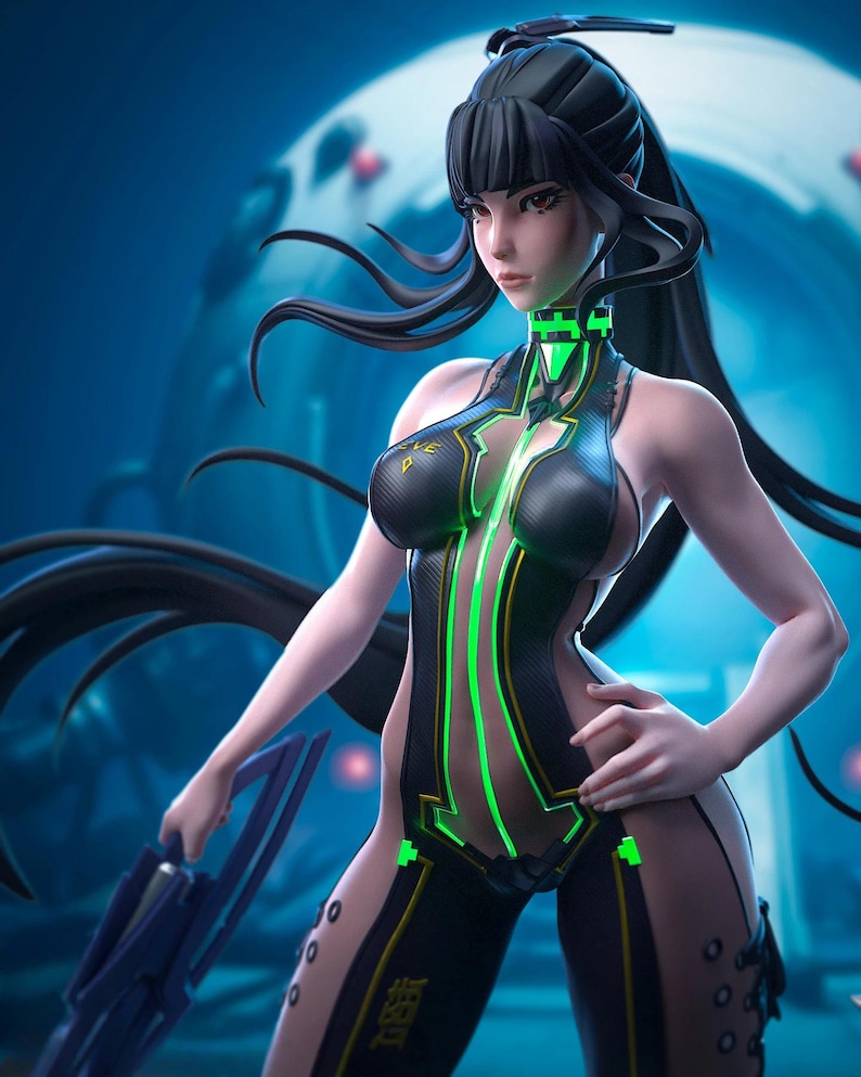 Pode incluir: Uma representa&ccedil;&atilde;o de arte digital de uma personagem feminina em um body futurista preto e verde. A personagem tem cabelo preto comprido e est&aacute; segurando uma arma futurista. O fundo &eacute; um cen&aacute;rio de fic&ccedil;&atilde;o cient&iacute;fica azul e branco desfocado.
