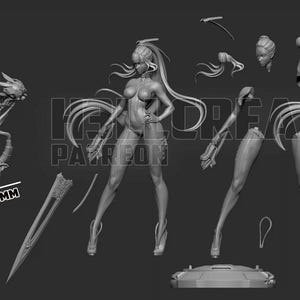 Pode incluir: Modelo 3D em escala de cinza de uma figura feminina, parcialmente desmontada, com est&eacute;tica futurista. O modelo tem 19,7 cm de altura, 9,1 cm de largura e 15,7 cm de comprimento. Inclui pe&ccedil;as separadas.
