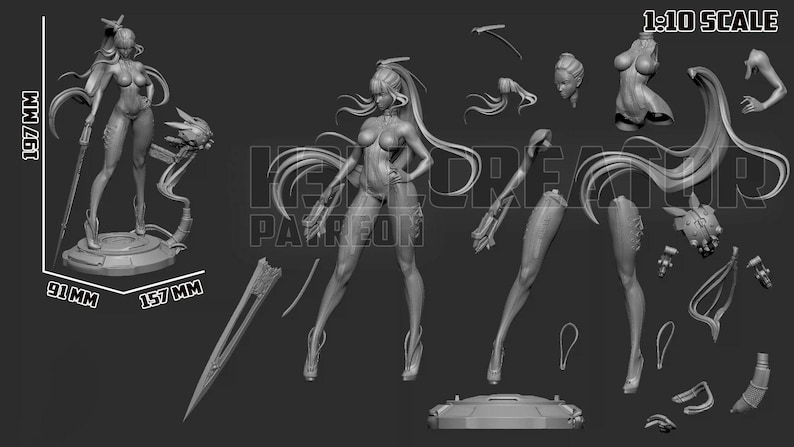 Pode incluir: Modelo 3D em escala de cinza de uma figura feminina, parcialmente desmontada, com est&eacute;tica futurista. O modelo tem 19,7 cm de altura, 9,1 cm de largura e 15,7 cm de comprimento. Inclui pe&ccedil;as separadas.