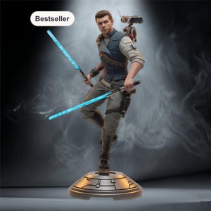 May include: A detailed figurine of a character from a science fiction franchise, holding two glowing blue lightsabers. The figure is dressed in a blue vest, gray pants, and boots, with a small droid on its back. The base is metallic, and the image has a smoky background.
