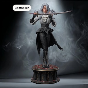 May include: A detailed figurine of a woman with long silver hair, holding a sword. She wears a white blouse with a ruffled collar, a black corset, and black pants. The figurine stands on a decorative base with red accents. The word "Bestseller" is in the top left corner.
