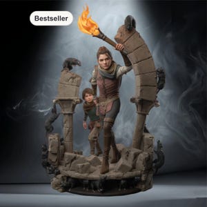 Puede incluir: Estatua detallada de dos figuras, una sosteniendo una antorcha en llamas, navegando por una estructura de piedra. Las figuras están rodeadas de ratas. La estatua tiene una etiqueta de "Bestseller".