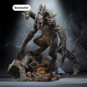 May include: A detailed statue of a monstrous creature with horns, sharp teeth, and reptilian features. The figure is posed menacingly, with a detailed base including a skull, a cowboy hat, and other debris. The word "Bestseller" is in a white oval in the upper left corner.