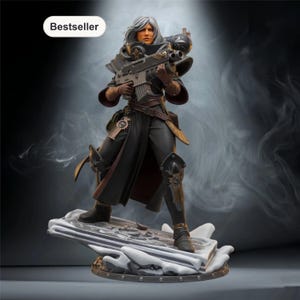 May include: A detailed figurine of a female warrior holding a rifle, with a "Bestseller" label. The figure is dressed in black and brown armour, with a long coat and boots. The base is a detailed, snowy landscape.
