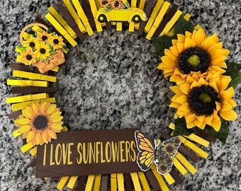 I Love Sunflowers clothespin wreath