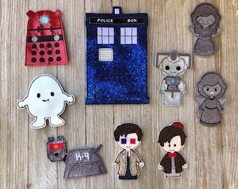 Dr Who inspired sparkly finger puppet set