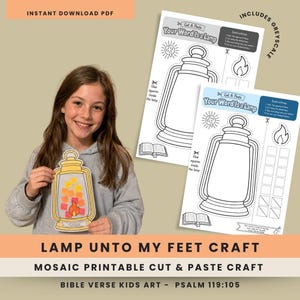 Op de afbeelding: Een printbare knutselactiviteit om te knippen en plakken met de titel Your Word Is a Lamp, met lijntekeningen van een lantaarn, een vlam en een bijbelicoon. De activiteit bevat instructies voor het maken van een mozaïekontwerp in de lantaarnvorm, met extra vellen in kleur- en grijswaardenversies voor kinderen.