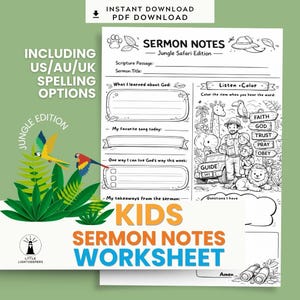Appunti per sermoni per bambini stampabili / Pagine da colorare per attività in chiesa / Edizione Safari nella giungla (download PDF)