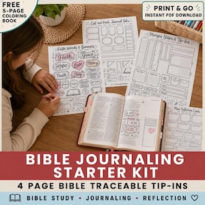 May include: A Bible journaling starter kit featuring four printable sheets with black and white line art designs including Faith Words and Banners, Cut-and-Paste Journal Tabs, Margin Strips and Tip-Ins, and Mini Reflection Cards, alongside an open Bible.