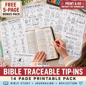 May include: A collection of printable Bible study activity sheets featuring black and white line art illustrations, including themes like Creation, Daniel and the Lions, and Miracles of Jesus, alongside an open Bible with a pink highlighter pen.