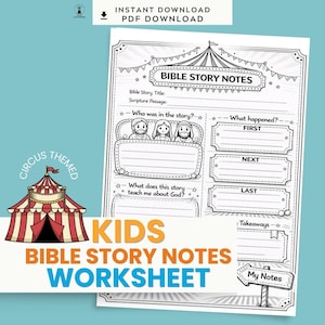 Puede incluir: Una hoja de trabajo de notas de historias bíblicas en blanco y negro para niños con un tema de circo. La hoja de trabajo incluye secciones para el título de la historia bíblica, el pasaje de las Escrituras, los personajes, los eventos y las conclusiones.